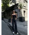 Arkadan Yırtmaçlı Jeans Kot Palazzo Pantolon - Siyah