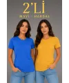 Basic Bisiklet Yaka Yazlık Slim Fit T-Shirt - Mavi - Hardal Sarısı