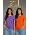 Basic Bisiklet Yaka Yazlık Slim Fit T-Shirt - Mor  - Turuncu