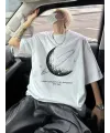 Baskılı Oversize Bisiklet Yaka T-shirt - Beyaz