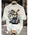 Baskılı Oversize Bisiklet Yaka T-shirt - Beyaz