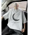 Baskılı Oversize Bisiklet Yaka T-shirt - Beyaz