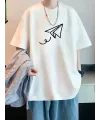 Baskılı Oversize Bisiklet Yaka T-shirt - Beyaz
