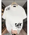 Baskılı Oversize Bisiklet Yaka T-shirt - Beyaz