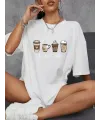 Baskılı Oversize Bisiklet Yaka T-shirt - Beyaz