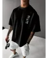 Baskılı Oversize Bisiklet Yaka T-shirt - Siyah
