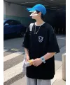 Baskılı Oversize Bisiklet Yaka T-shirt - Siyah