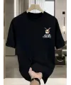 Baskılı Oversize Bisiklet Yaka T-shirt - Siyah
