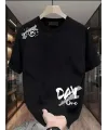Baskılı Oversize Bisiklet Yaka T-shirt - Siyah