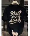 Baskılı Oversize Bisiklet Yaka T-shirt - Siyah