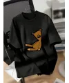 Baskılı Oversize Bisiklet Yaka T-shirt - Siyah