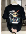Baskılı Oversize Bisiklet Yaka T-shirt - Siyah