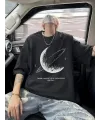 Baskılı Oversize Bisiklet Yaka T-shirt - Siyah