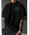 Baskılı Oversize Bisiklet Yaka T-shirt - Siyah