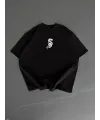 Baskılı Oversize Bisiklet Yaka T-shirt - Siyah