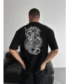 Baskılı Oversize Bisiklet Yaka T-shirt - Siyah