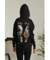 Baskılı Oversize Üç İplik Kapüşonlu Sweatshirt - Siyah