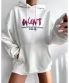 Baskılı Üç İplik Kapüşonlu Oversize Sweatshirt - Beyaz