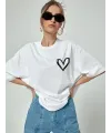 Bisiklet Yaka Baskılı Oversize T-Shirt - Beyaz