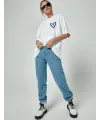 Bisiklet Yaka Baskılı Oversize T-Shirt - Beyaz