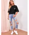 Bisiklet Yaka Baskılı Oversize T-Shirt - Siyah