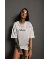 Bisiklet Yakalı Sırt Baskılı Oversize T-Shirt - Beyaz