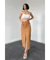Camel Gabardin Boyamalı Püsküllü Etek