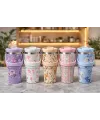 Çiçek Desenli 700 ml Taşıma Kulplu Paslanmaz Çelik Termos Mug Bardak