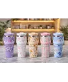 Çiçek Desenli 900 ml Taşıma Kulplu Paslanmaz Çelik Termos Mug Bardak