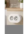 Çift Girişli Beyaz Sıva Üstü Topraklı Priz - Dekoratif Duvar Prizi