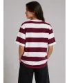 Çizgili Oversize Tişört Bisiklet Yaka Kısa Kol Yazlık T-Shirt - Bordo
