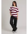Çizgili Oversize Tişört Bisiklet Yaka Kısa Kol Yazlık T-Shirt - Bordo