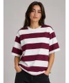 Çizgili Oversize Tişört Bisiklet Yaka Kısa Kol Yazlık T-Shirt - Bordo