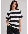 Çizgili Oversize Tişört Bisiklet Yaka Kısa Kol Yazlık T-Shirt - Siyah