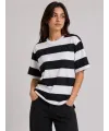 Çizgili Oversize Tişört Bisiklet Yaka Kısa Kol Yazlık T-Shirt - Siyah