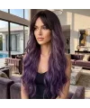 Dalgalı Perçemli Uzun Fiber Sentetik Peruk - Siyah / Mürdüm Mor Ombreli