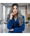 Dalgalı Perçemsiz Uzun Fiber Sentetik Peruk - Siyah / Gri Ombreli