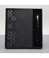 Desenli Siyah Deri Defter Kalem Set