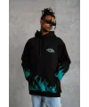 Erkek 3 İplik Pamuklu Alev Baskılı Kapüşonlu hoodie Sweatshirt - Siyah