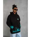 Erkek 3 İplik Pamuklu Alev Baskılı Kapüşonlu hoodie Sweatshirt - Siyah