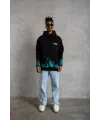 Erkek 3 İplik Pamuklu Alev Baskılı Kapüşonlu hoodie Sweatshirt - Siyah
