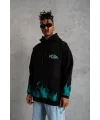 Erkek 3 İplik Pamuklu Alev Baskılı Kapüşonlu hoodie Sweatshirt - Siyah