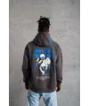 Erkek 3 İplik Pamuklu Kapüşonlu Baskılı Cepli Oversize Sweatshirt Hoodie - Gri