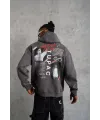 Erkek 3 İplik Pamuklu Kapüşonlu Baskılı Cepli Oversize Sweatshirt Hoodie - Gri