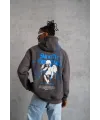 Erkek 3 İplik Pamuklu Kapüşonlu Baskılı Cepli Oversize Sweatshirt Hoodie - Gri