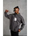 Erkek 3 İplik Pamuklu Kapüşonlu Baskılı Cepli Oversize Sweatshirt Hoodie - Gri