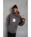 Erkek 3 İplik Pamuklu Kapüşonlu Baskılı Cepli Oversize Sweatshirt Hoodie - Gri