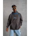 Erkek 3 İplik Pamuklu Kapüşonlu Baskılı Cepli Oversize Sweatshirt Hoodie - Gri