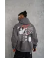 Erkek 3 İplik Pamuklu Kapüşonlu Baskılı Cepli Oversize Sweatshirt Hoodie - Gri