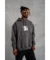 Erkek 3 İplik Pamuklu Kapüşonlu Baskılı Cepli Oversize Sweatshirt Hoodie - Gri
